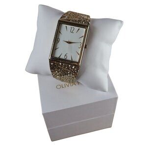 Olivia Pratt Women's Gold-Tone Rectangular Watch White Dial Textured Band​